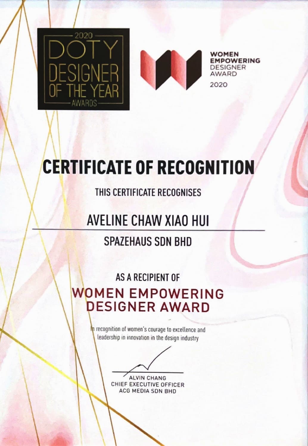 Aveline Chaw, SPAZEHAUS — Women Empowering Designer Award 2020 certificate