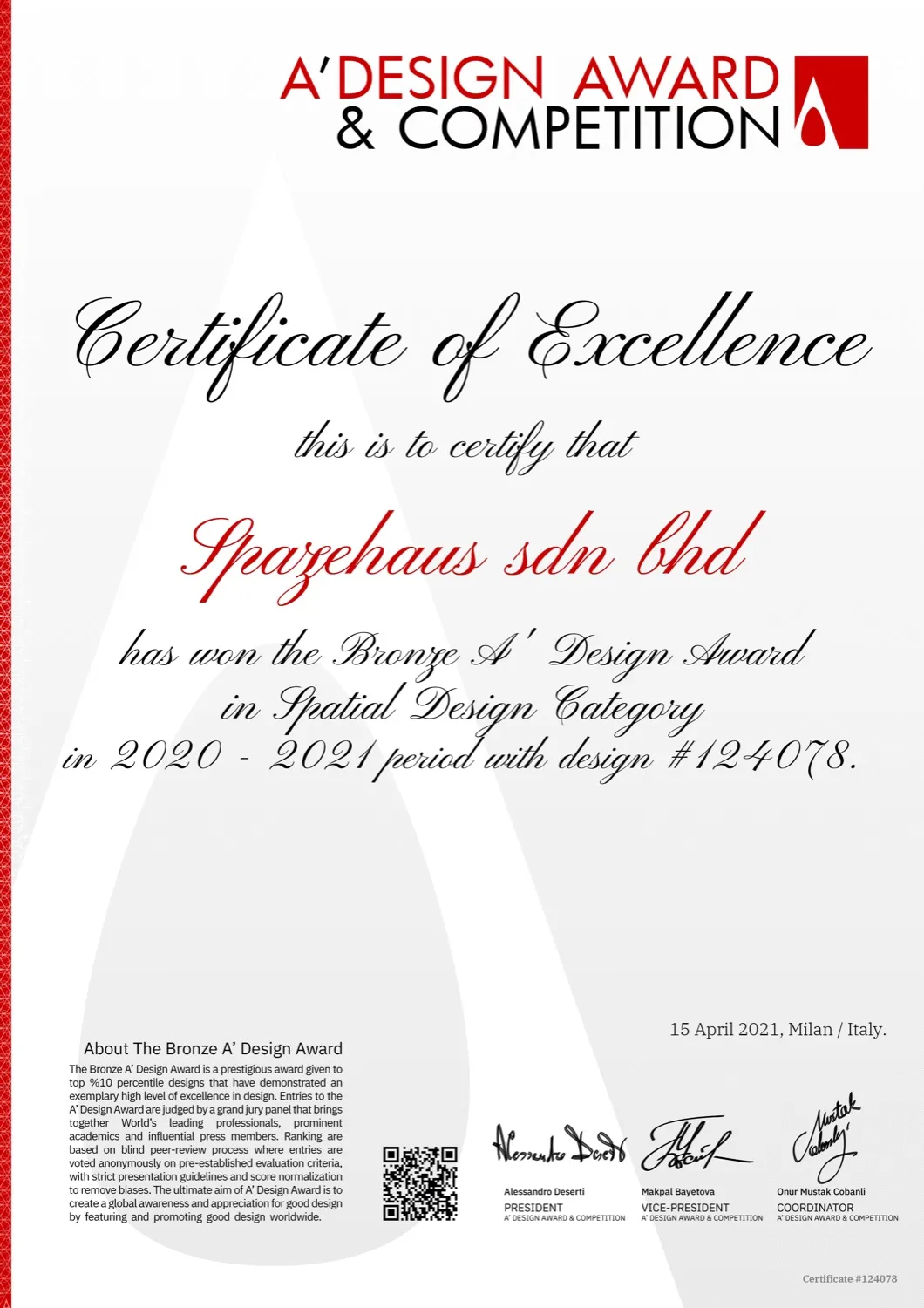 SPAZEHAUS — A’Design Award & Competition Certificate of Excellence (Spatial Design), 2021