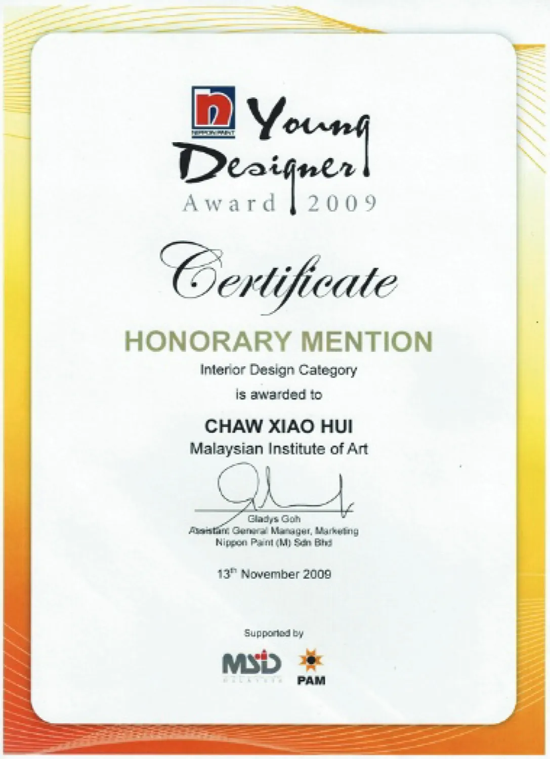 SPAZEHAUS — Nippon Paint Young Designer Award 2009, Honorary Mention certificate