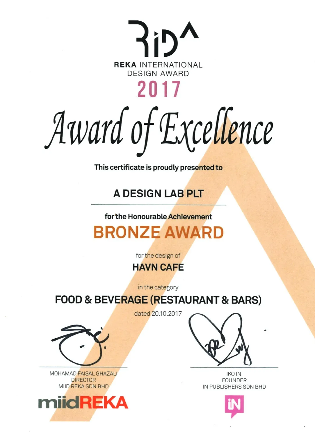 SPAZEHAUS — Reka International Design Award 2017, Award of Excellence (Bronze) certificate
