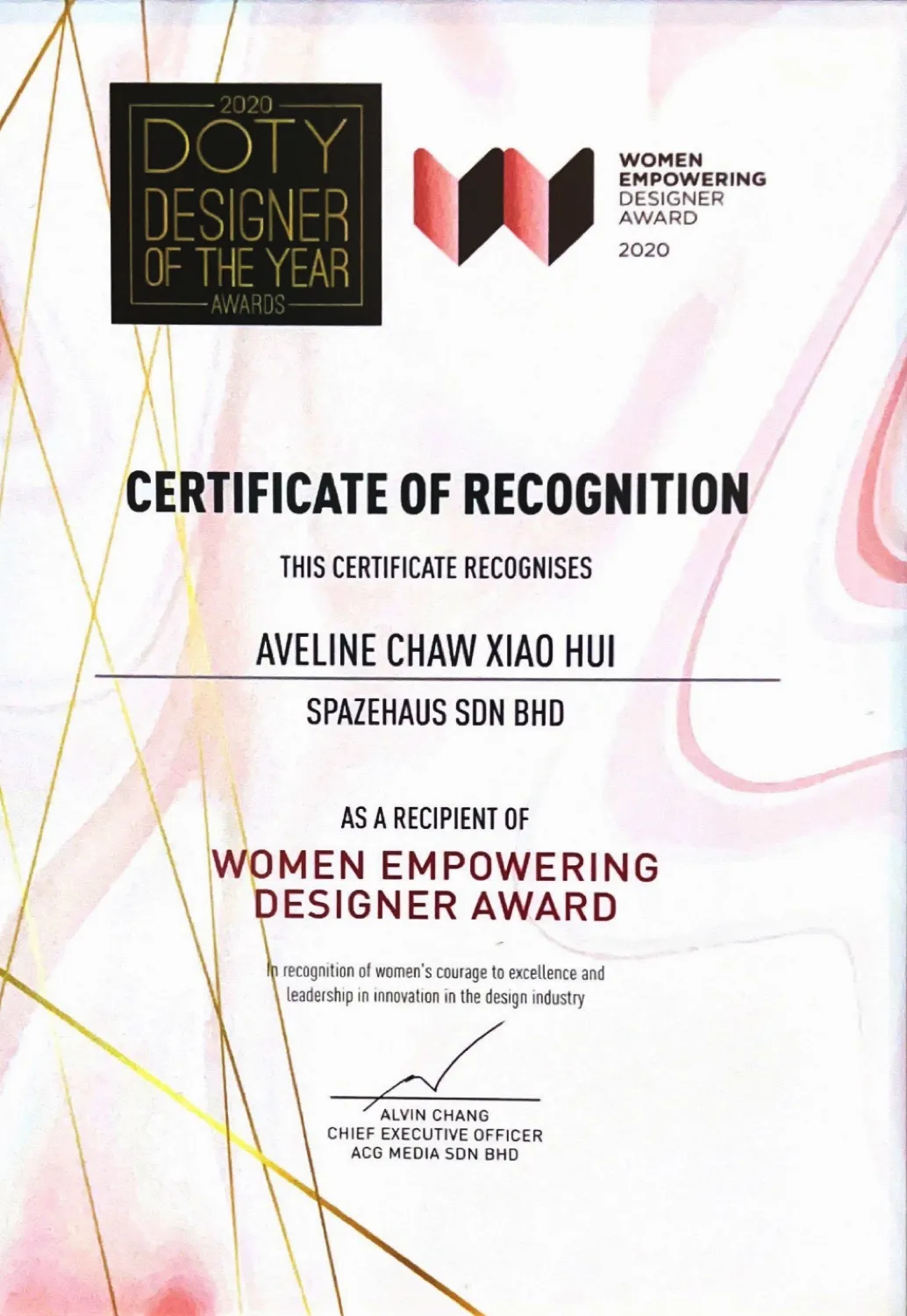 Aveline Chaw, SPAZEHAUS — Women Empowering Designer Award 2020 certificate